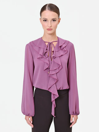 Blusa rosa antico con rouches e volant