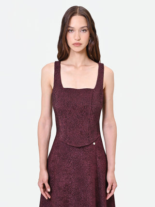 Top bordeaux in tessuto jacquard lamé