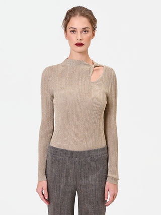 Maglia in viscosa oro a costine con cut-out