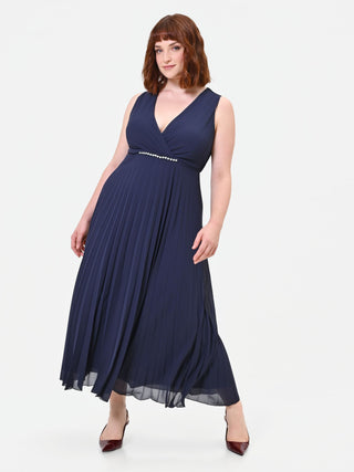 Abito Curvy plissé blu navy con scollo incrociato