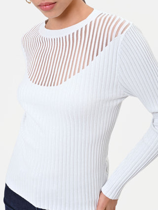 Off-White Ribbed Viscose Top with Sheer Details