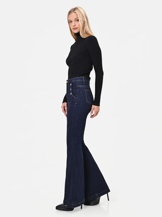 High-Waisted Navy Blue Marinière Flared Jeans