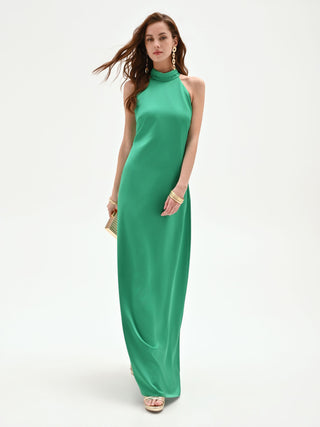 Abito lungo in raso verde con scollo halter