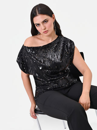 Curvy Black Asymmetrical Sequin Blouse