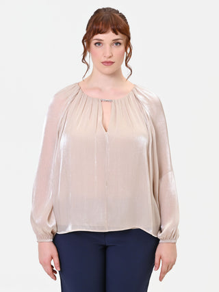 Curvy Beige Taupe Satin Blouse with Jewel Detail