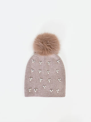 Gorro beige topo con cristales y pompón