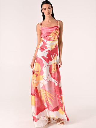 Robe longue en satin imprimé feuilles