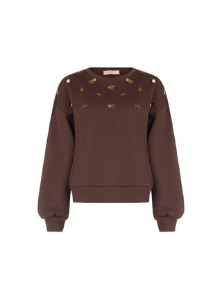 Dark Brown Crewneck Sweatshirt with Luminous Embellishments