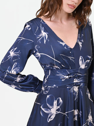 Blue Floral Satin Maxi Dress