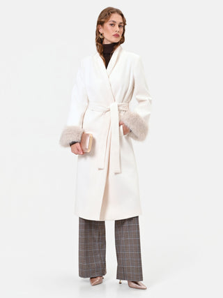 Manteau peignoir crème avec poignets effet fourrure