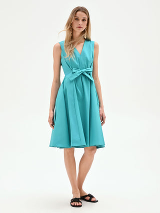 Turquoise Fit-and-Flare Cotton Dress with Bow Rinascimento Turquoise Fit-and-Flare Cotton Dress with Bow Rinascimento
