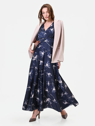 Navy Blue Floral Satin Maxi Dress