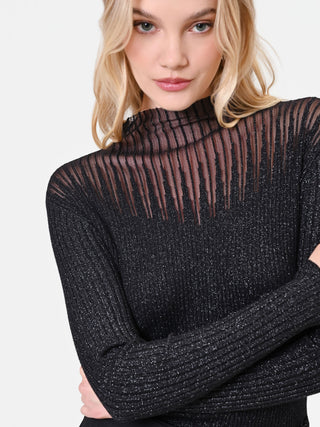 Pull en viscose noire à côtes avec empiècement semi-transparent