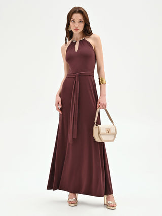 Chocolate long dress with collier detail