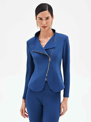 Bright blue jacket with asymmetrical zip