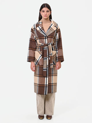Dark Brown Check Wrap Coat