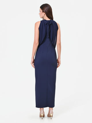 Robe longue bleu marine à encolure drapée