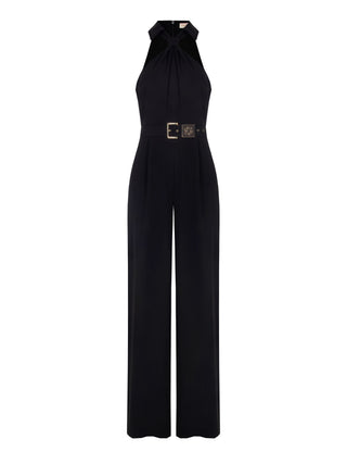 Tuta nera con scollo all'americana e cintura