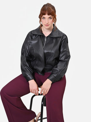 Curvy Black Faux Leather Jacket with Asymmetric Closure