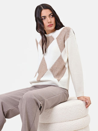 Maglia in lana bianco panna con motivo a rombi