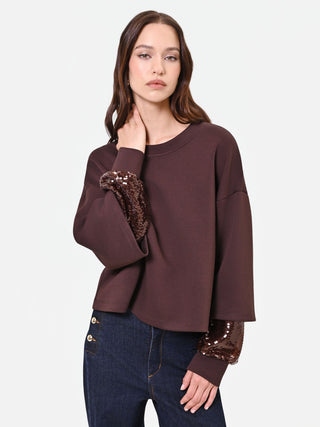 Brown Sweatshirt with Double Sequin Sleeves