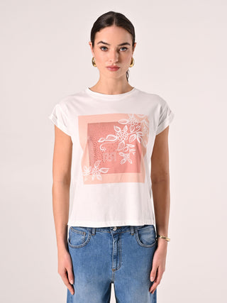 Cotton T-shirt with Rhinestone & Rose Print