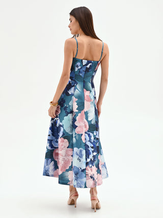 Teal Floral Print Midi Dress