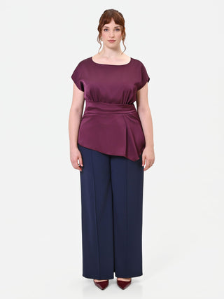 Burgundy Satin Curvy Blouse with Asymmetric Drape