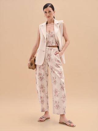 Pink Floral-Print Denim Trousers