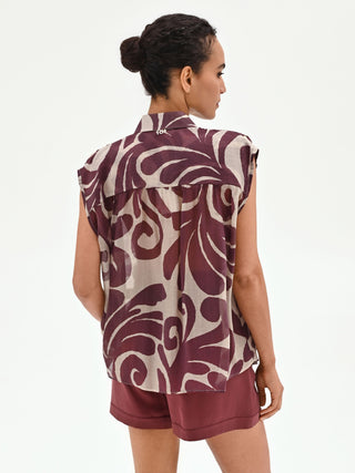 Brown Abstract Print Sleeveless Blouse