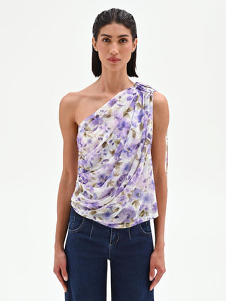 Lilac Floral Print One-Shoulder Top