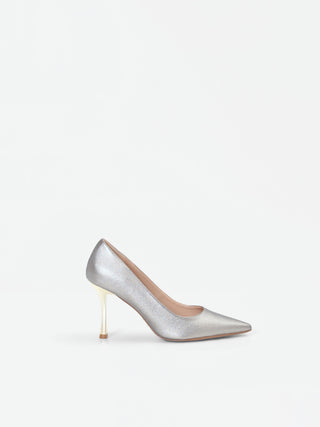 Silver Pointed-Toe Pumps with Gold Mirror Heel