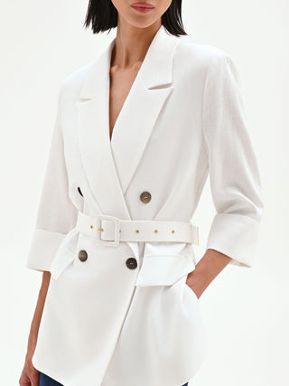 Blazer doppiopetto panna in lino con cintura