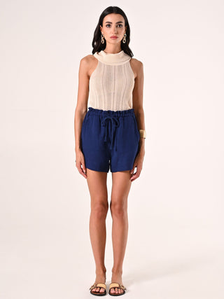 Pantaloni Ampi Corti in Cotone Blu