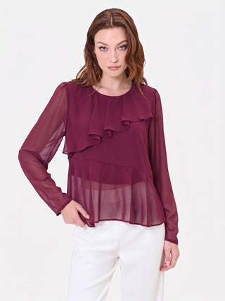 Blusa bordeaux con volant asimmetrico