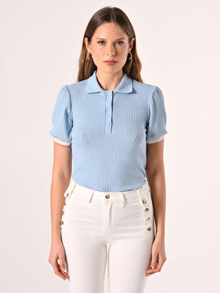 Knitted Polo Shirt in Light Blue Lurex