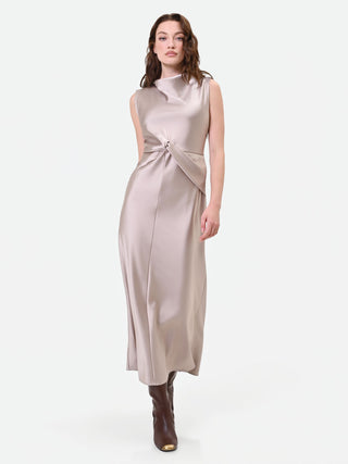 Robe longue beige taupe à nœud et drapé