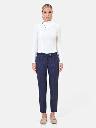 Pantalone in misto viscosa blu navy gessato