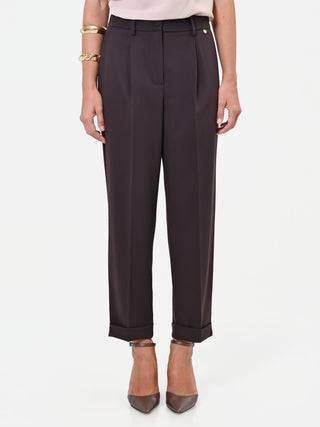 Dark Brown Straight-Leg Cuffed Trousers in Poly-Viscose