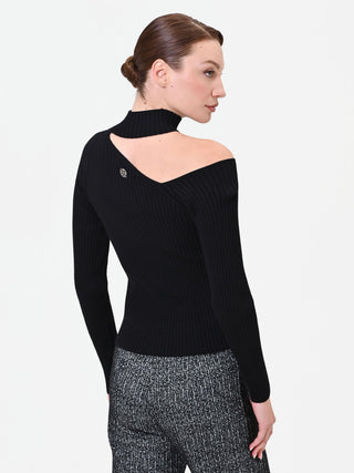 Black Ribbed Cut-Out Knit Top