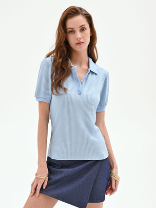 Light Blue Ribbed Knit Polo Shirt