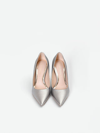 Silver Pointed-Toe Pumps with Gold Mirror Heel