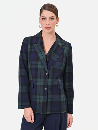 Blue Tartan Viscose-Blend Single-Breasted Jacket