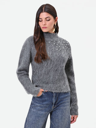Crystal-Embellished Grey Mohair Sweater
