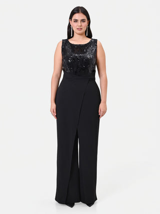 Curvy Black Jumpsuit with Sequin Bodice and Slit