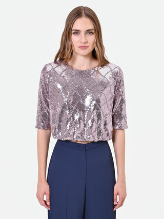 Dusty Rose Diamond-Pattern Sequin Blouse
