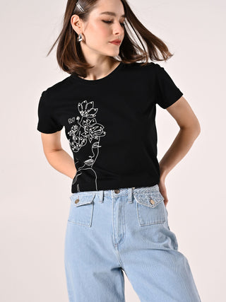 Black Cotton T-shirt with Pearls