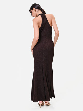 Robe longue brun foncé à décolleté drapé