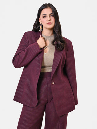 Curvy Single-Breasted Burgundy Pinstripe Viscose-Blend Jacket