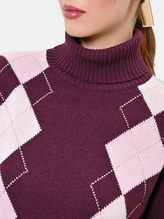 Pull col roulé en viscose bordeaux à motif losanges